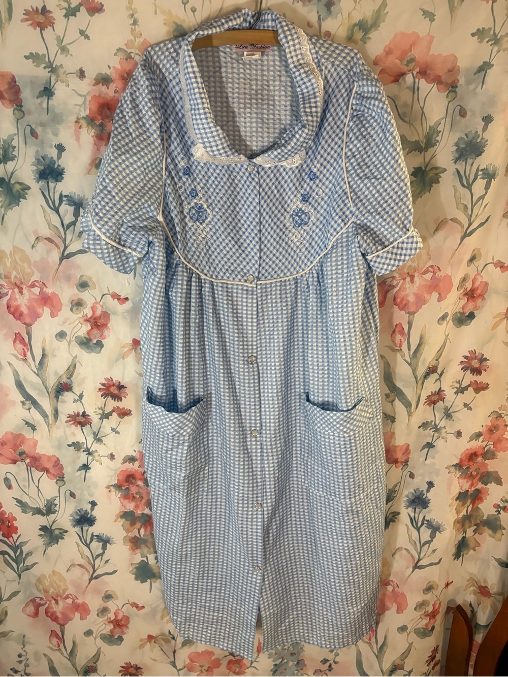 Blue Gingham Button-Front Women's Nightgown with Embroidered Yoke